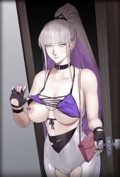 arrow_(symbol) arrow_pointing_to_breasts asian_female bai_yi_(path_to_nowhere) blue_eyes bodysuit bra_lift breasts choker erect_nipples fingerless_gloves imminent_sex nipple_piercing one_breast_out open_clothes path_to_nowhere ponytail prostitution purple_bra purple_highlights silver_hair smile strap_between_breasts taller_female teasing thighs underboob veiny_breasts zettai_ryouiki