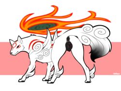 absurd_res amaterasu anatomically_correct anatomically_correct_pussy animal_genitalia animal_pussy anus ass canine canine_pussy capcom deity female female_feral feral fire fur halbean hi_res looking_at_viewer mammal okami presenting puffy_pussy pussy rear_view simple_background solo solo_female solo_feral video_games wolf