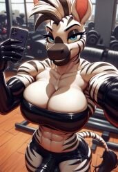 abs ai_generated animated anthro balls black_penis bra elbow_gloves futanari gym horsecock latex mohawk muscular penis phone selfie stripes tagme veins video zebra