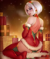 ass breasts christmas christmas_outfit cleavage female female_only fur-trimmed_jacket fur_trim kittew looking_at_viewer looking_back nier nier:_automata nier_(series) panties solo yorha_2b