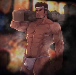 1boy abs arm_hair armpit_hair armpits arms_up balls_under_clothes bara beard beefy biceps big_bulge brown_eyes brown_hair bulge bulge_through_clothing chest_hair crowd daddy dark_lighting dilf festival funa_(artist) fundoshi fundoshi_only genital_outline hachimaki hairy happy_trail headband hi_res holding_object holding_stick hunk leg_hair male male_only manly mature_male mikoshi muscles muscular muscular_arms muscular_legs muscular_male muscular_thighs navel open_mouth original original_character outdoors pecs pubic_hair rokushaku_fundoshi short_hair silhouette six_pack standing steam steaming_body steamy_breath sweat sweatdrop sweating sweaty thick_arms thick_eyebrows thick_neck thick_thighs topless tough_guy white_fundoshi