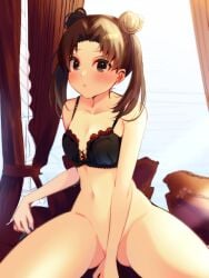 1girls absurd_res absurdres bed bed_sheet bedding bedroom black_bra black_lingerie black_panties blush bottomless bra brown_eyes brown_hair cleavage cute female female_focus female_only hair_buns hi_res high_resolution highres jiyun legs_apart light-skinned_female light_skin lingerie lips lipstick looking_at_viewer makeup naruto naruto_(classic) naruto_(series) naruto_shippuden no_panties pale-skinned_female pale_skin petite pigtails pillow pink_lips pink_lipstick pinup puckered_lips shonen_jump shounen_jump shueisha sitting small_breasts solo solo_female solo_focus spread_legs spreading teen teen_girl teenage_girl teenager tenten tenten(genin) thick_thighs thighs tied_hair twintails underwear very_high_resolution weekly_shonen_jump weekly_shounen_jump