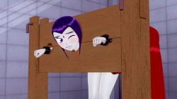 bondage dc_comics flushed_face grey_skin koikatsu one_eye_closed perfect_idiot pillory purple_eyes raven_(dc) starfire tears teen_titans