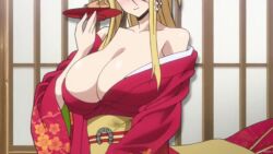 10s 1girls 2015 alcohol animal_ears animated anime_screenshot blonde_hair blue_eyes blush breasts centaur centorea_shianus cleavage female hair_ornament horse_ears horseshoe huge_breasts interior japanese_clothes kimono long_hair longer_than_10_seconds monster_girl monster_musume_no_iru_nichijou ponytail sake shorter_than_30_seconds sitting solo sound tagme taur video