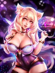 ahri alternate_costume animal_ears ass bare_shoulders blonde_hair breasts earrings eyebrows_visible_through_hair female fox_ears fox_girl fox_tail hair_between_eyes heart jewelry k/da_ahri k/da_series large_breasts league_of_legends long_hair looking_at_viewer mumeaw open_mouth short_sleeves signature simple_background solo standing tail thighhighs upper_body yellow_eyes