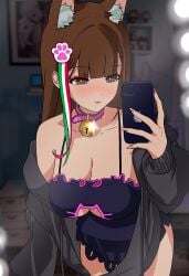 brown_eyes brown_hair cat_ears chilo_chan chilo_sports collar female hoodie hoodie_removed lingerie mexican_female mirror_selfie nekomimi