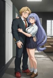 ai_generated blue_eyes blue_hair blush clothed clothing couple echodantalian embarrassed flirting girl holding_waist light_blue_hair male/female miniskirt my_hero_academia nejire_hado sex shirt shy smile