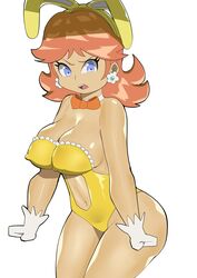 1girls angry animal_ears blue_eyes bow bowtie breasts bunny_ears bunny_girl bunnysuit cleavage clenched_hands doublehero earrings erect_nipples erect_nipples_under_clothes fake_animal_ears female female_only gloves hairband leotard mario_(series) navel nintendo nipple_bulge orange_hair princess_daisy ribbon shiny_skin simple_background solo standing strapless strapless_leotard thighs white_background white_gloves yellow_hairband yellow_leotard