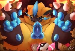 anal anal_beads anal_sex animal_genitalia animal_penis anthro ass balls blue_eyes bodily_fluids canid canine canine_genitalia canine_penis claws digital_drawing_(artwork) digital_media_(artwork) erection fawe feet felid foot_focus fur generation_7_pokemon genital_fluids genitals hair hi_res knot leaf legendary_pokemon male mammal nintendo nude open_mouth pawpads paws penetration penis pokemon pokemon_(species) sex_toy shaded signature simple_background solo yellow_body yellow_fur zeraora