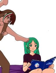 1boy2girls 2girls brown_eyes brown_hair chilo_chan chilo_sports glasses green_eyes green_hair kopi_chan leg_grab meme meme_reference mexican_female reading