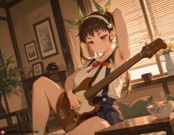 ai_generated beautfiul_background bowl hachikuji_mayoi hairy_armpits huge_breasts jitome playing_instrument raising_leg steaming_body stunning_backgroud sweat traditional_chinese_room vase