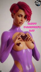 1girls 3d agent agent_y_(perry_cracker) ai ai_generated black_nails bodysuit breasts covered_nipples crackerverse dark-skinned_female dark_skin ear_piercing female female_focus female_only heart_chocolate heart_shaped_nipple_covers holidays looking_at_viewer nipple_pasties perry_cracker pixie_cut purple_bodysuit red_hair short_hair text the_black_sun:_shadows_of_justice twitter_username valentine's_day watermark white_background x_(social_media)