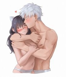 1boy 1girls black_hair blush heart_symbol huge_breasts jujutsu_kaisen kissing muscular muscular_male nervous pectorals romantic satoru_gojo scar simple_background utahime_iori white_hair