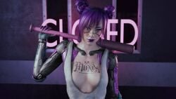 1girls 3d baseball_bat bluelight breasts cd_projekt_red cleavage clothed cybernetics cyberpunk_2077 female female_only looking_at_viewer purple_hair rita_wheeler solo solo_female tattoo