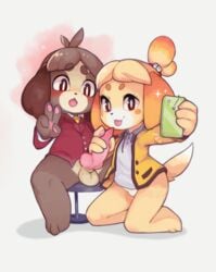 animal_crossing animal_genitalia animal_penis anthro balls brother brother_and_sister brown_fur canine canine_penis cellphone clothing digby_(animal_crossing) female hair incest isabelle_(animal_crossing) kekitopu kneeling knot male nintendo opposite_sex_twins panties penis penis_grab selfie siblings sister sitting smartphone straight twins yellow_fur yellow_hair zsloth