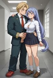 ai_generated blue_eyes blue_hair blush clothed clothing couple echodantalian embarrassed flirting girl holding_waist light_blue_hair male/female miniskirt my_hero_academia nejire_hado penis penis_out sex shirt shy smile