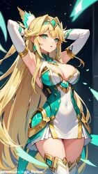 1girls aegis_elysium ai_art ai_generated armpits arms_up blonde_hair blushing_at_viewer breasts cleavage earrings elbow_gloves female_focus gem gloves green_eyes hair_ornament headpiece huge_breasts jewelry large_breasts long_sleeves nintendo original_character patreon patreon_username smile solo solo_focus thick_thighs thighs tiara