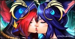 2girls ahri ai_generated flirting girl_on_girl kissing league_of_legends lesbian_couple lesbian_kiss lovers vastaya xayah yuri yuri yuri