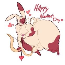 anthro artist_upload balls big_ass big_butt bow_and_arrow bubble_butt bunny cream_fur cupid fat_ass fat_belly femboy heart holding_object lopsalien oc original_character pink_fur plain_background rabbit ramsey_(lopsalien) solo tailwag text text_box valentine's_day wings wink