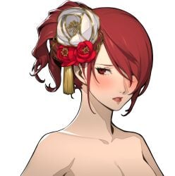 1girl 1girls accurate_art_style alternate_hairstyle asian atlus bare_shoulders big_breasts blush breasts breasts_out cleavage completely_nude curvy edit edited embarrased_nude_female embarrassed exposed_breasts eye_contact female female_only hair_bun hair_ornament hair_over_one_eye headwear hi_res human large_breasts light-skinned_female light_skin long_hair looking_at_viewer megami_tensei mitsuru_kirijo mitsuru_portrait_edit naked nude nude_female official_style open_eyes open_mouth out_of_frame pale-skinned_female pale_skin persona persona_3 persona_3_reload ponytail red_eyes red_hair sega shy skinny slim solo solo_female transparent_background