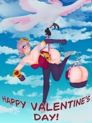 1girls bird black_pantyhose blue_eyes danileon10 dove embarrassed_underwear_female euf eufvalentine's_day hanging_wedgie heartseeker_quinn humiliation league_of_legends lilac_hair pattern_underwear pink_panties pleated_skirt quinn wedgie wedgied_female