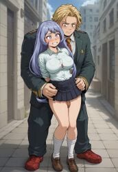 ai_generated blue_eyes blue_hair blush clothed clothing couple echodantalian embarrassed girl holding_waist light_blue_hair male/female miniskirt my_hero_academia nejire_hado penis_between_thighs shirt shy story