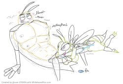 alma_(fan) bugs cockroach condom cum cum_outside docking emerald_wasp excited horny hye_(the insectibles) insects licking_penis moan moaning muscular muscular_male pecs pectoral_bulge pectoral_docking pectorals the_insectibles wasp whiteboard whiteboardfox