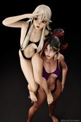 2girls 3d bare_shoulders barefoot benjiparker breasts earrings epic_games female female_only fortnite fortnite:_battle_royale green_eyes hand_on_hip helsie_(fortnite) lexa_(fortnite) light-skinned_female light_skin long_hair multicolored_hair one-piece_swimsuit open_mouth painted_nails ponytail princess_lexa_(fortnite) red_eyes tagme white_hair