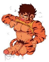 akachionmain anthro balls biceps big_balls big_penis bodily_fluids bottomless brown_hair clothed clothing clothing_lift felid fur genital_fluids genitals hair haplorhine hi_res huge_balls huge_cock hybrid hyper hyper_balls hyper_genitalia hyper_penis looking_at_viewer male mammal monkey muscular nipples orange_body orange_fur pantherine pecs penis precum primate pubes shirt shirt_lift simple_background solo striped_body striped_fur stripes sweat sweatdrop tiger tiger_monkey_(akachi) tongue tongue_out topwear triceps vein veiny_penis white_background yellow_clothing yellow_eyes yellow_shirt yellow_topwear