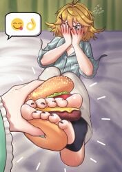 burger button_down_shirt cheeseburger cipher4109 covering_face dokibird embarrassed feet feet_burger food food_on_body food_play foot_fetish foot_focus green_eyes hair_ornament legwear painted_nails painted_toenails pants stirrup_legwear sweaty_feet toes virtual_youtuber vtuber yellow_hair