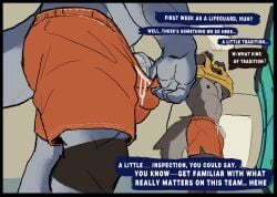 2025 anthro anthro_on_anthro areola barazoku big_bulge big_muscles black_border border bulge canid canine canis close-up clothing dialogue duo english_text fish fur genitals hazing inside knee_pads lifeguard locker_room male male/male mammal marine marius_tygo muscular muscular_anthro muscular_male navel nipples pecs penis penis_base shark shirt standing swimming_trunks swimwear text topwear tuft undressing vein wolf