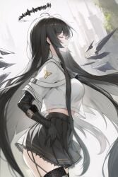 1girls arknights black_hair breasts closed_eyes curvy curvy_female curvy_figure halo happy happy_female miniskirt mole skirt thick_female thick_thighs thighhighs thighs virtuosa_(arknights) wings zishudongmao