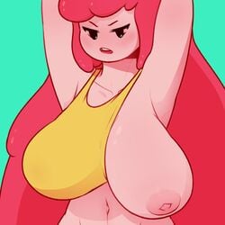 1girls adventure_time armpits arms_up belly big_nipples black_sclera blue_eyes breast_outside breasts dabble female female_focus female_only frown huge_breasts large_areolae large_nipples long_hair looking_down navel one_breast_out open_mouth pink_hair pink_skin princess_bubblegum shubby slim small_shirt smooth_skin solo tank_top thick wide_hips yellow_tank_top