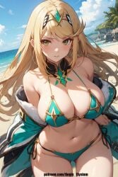 1girls aegis_elysium ai_art ai_generated blonde_hair blush blushing_at_viewer breasts cape cleavage earrings female_focus gem green_eyes hair_ornament headpiece huge_breasts jewelry large_breasts long_hair long_sleeves looking_at_viewer mythra mythra_(xenoblade) navel nintendo patreon patreon_username rock rocks sand sea seaside sky smile solo solo_focus stare staring tiara tree trees tsundere vegetation very_long_hair water xenoblade_(series) xenoblade_chronicles_(series) xenoblade_chronicles_2 yellow_eyes