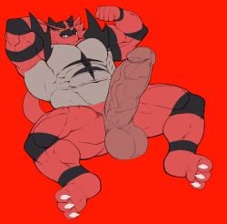 2025 abs anthro balls barazoku biceps big_balls big_muscles big_penis claws erection eyebrows flexing flexing_bicep fur generation_7_pokemon genitals glans hand_behind_head huge_balls huge_cock huge_muscles humanoid_genitalia humanoid_penis incineroar kajon_art kemono long_penis looking_at_viewer lying male manly muscular muscular_anthro muscular_male navel nintendo nude obliques on_back pecs penis plantigrade pokemon pokemon_(species) red_background serratus simple_background smile solo teeth thick_arms thick_penis thick_thighs tuft vein