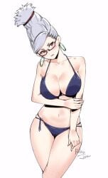 1girls ayase_seiko big_breasts bikini blush breasts brown_eyes dandadan earrings female female_focus female_only gilf looking_at_viewer mature mature_female milf navel relaxjon solo solo_female solo_focus swimsuit thick_thighs white_hair