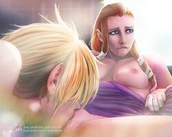 1boy 1girls biting_lip blonde_hair blue_eyes breasts cunnilingus link link_(twilight_princess) looking_to_the_side nintendo nipples pointy_ears princess_zelda redmeow straight tagme the_legend_of_zelda twilight_princess zelda_(twilight_princess)