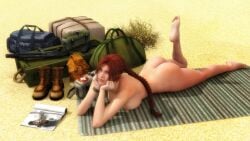 3d ass auburn_hair barefoot big_breasts bleinnie braid breasts brown_eyes bubble_butt busty desert female female_focus female_only full_body hourglass_figure lara_croft lara_croft_(classic) long_hair pinup pinup_pose sunbathing tagme tomb_raider wide_hips