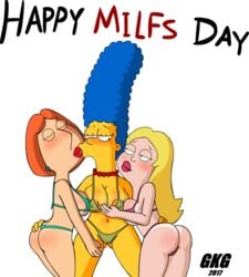 20th_century_studios accurate_art_style alternate_breast_size american_dad areolae_slip ass bikini breast_grab breasts crossover family_guy female francine_smith gkg kissing large_ass large_breasts light-skinned_female lois_griffin marge_simpson mature mature_female milf red_lipstick the_simpsons thong_bikini white_female yellow_body yellow_skin yuri