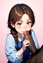 ai_generated blowjob brown_hair child clothed_female_nude_male cock_worship dark-skinned_male delete interracial kissing_penis kissing_penis_tip light-skinned_female original_character