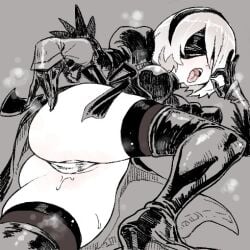 1girls 2d 2d_(artwork) android android_girl ass black_boots blank_background blindfold blowjob_gesture boots buttcheeks covered_eyes dress drhounyou female nier:_automata open_mouth panties steam stockings sweat upskirt white_panties yorha_2b