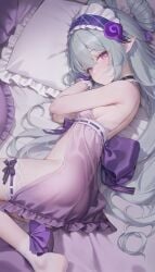 bare_shoulders bed blue_hair blush breasts elf genshin_impact looking_at_viewer lying pillow purple_eyes seductive seductive_look seductive_smile sideboob smile yumemizuki_mizuki