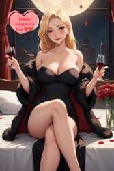 big_breasts black_dress breasts cleavage coat curvy curvy_figure dh_lucky dress naruto naruto_(series) sitting sitting_on_person strapless strapless_dress tsunade valentine's_day