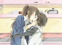 2girls brown_hair female female_only kissing liar-soft okujou_no_yurirei-san passionate size_difference yuri