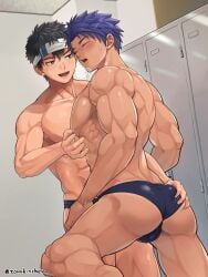 2boys abs ass back_muscles balls_under_clothes bandana bangs beefy biceps big_areola black_eyes black_hair blush bubble_butt closed_eyes collarbone duo ebitendon erect_nipples gay grabbing grabbing_ass half-closed_eyes hand_on_leg happy headband hi_res indoors kneeling locker locker_room looking_at_another male male/male male_only mature_male moaning muscles muscular muscular_arms muscular_ass muscular_back muscular_legs muscular_male muscular_thighs original original_character panting pecs pinching_nipples plump_ass purple_hair short_hair six_pack soft_ass spread_legs standing sweat sweatdrop swim_briefs swimsuit topless torakichi_(ebitendon) torakitchen yaoi