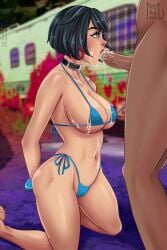 1girls bikini black_hair blowjob brown_eyes choker cum cum_in_mouth cum_on_body cum_on_breasts cum_on_face epic_games evie_(fortnite) eye_contact female female_focus fortnite fringe hands-free kneeling lipstick on_knees oral petite red_lipstick seductive_mouth short_hair sunglasses_removed tagme tinted_eyewear tyrana