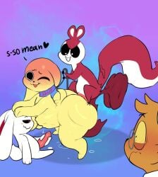 anal anal_sex animated anthro ass balls blush bodily_fluids bondage chikn_nuggit chikn_nuggit_(chikn_nuggit) collar cuckold degradation dialogue dominant english_text genitals hawt_saus_(chikn_nuggit) humiliation humiliation_fetish iscream_(chikn_nuggit) kinkykong lagomorph leash leash_pull leashed_collar leporid male male/male male_penetrated male_penetrating male_penetrating_male mammal masturbation nonbinary_(lore) nude onyn_ring_(chikn_nuggit) penetration penis rabbit sex short_playtime size_difference small_dom_big_sub sound stomach_bulge submissive tagme text tongue video video white_body yellow_body
