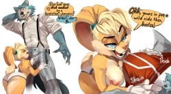 anthro areola beastars biped blonde_hair breasts canid canine canis clothed clothing dialogue duo erection erection_under_clothing female fingers fur grey_body grey_fur hair heart_symbol hi_res lagomorph legoshi_(beastars) leporid lola_bunny looney_tunes male mammal nipples open_mouth rabbit simple_background sindenbock speech_bubble teeth warner_brothers wolf yellow_body yellow_fur