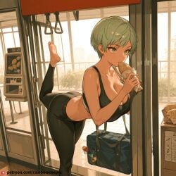 1boy ai_generated amazon_position beautfiul_background cassette cheelai huge_breasts phone_booth school_bag smile sports_bra stunning_backgroud taiyaki yoga_pants