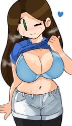 aroused blue_bra blush brickshoes closed_mouth flashing flashing_breasts heart huge_breasts original original_character presenting_breasts shadowleggy shirt_lift smile someone_else's_oc steam sweat sweaty very_sweaty